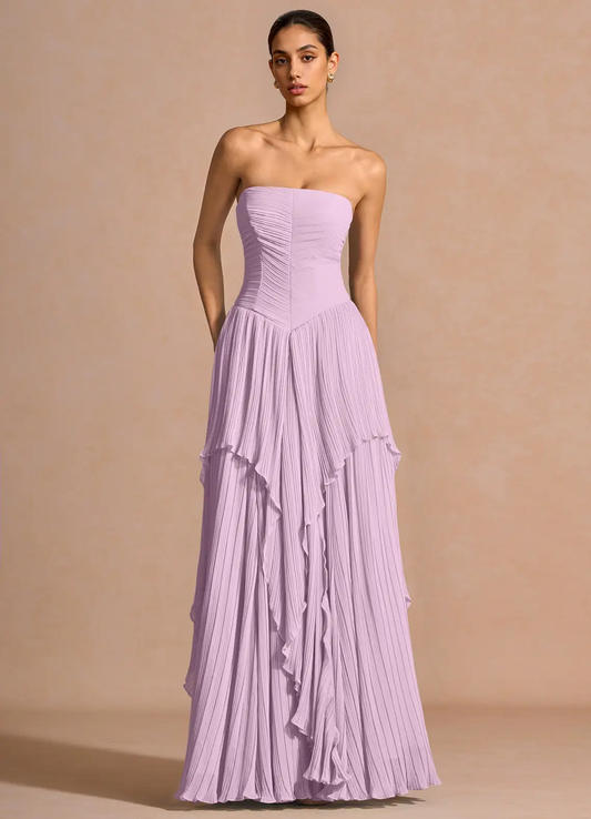 Romantic Convertible Strapless Spaghetti Strap Pleated Bodice Ruffled Tiered Floor-Length Evening Dress
