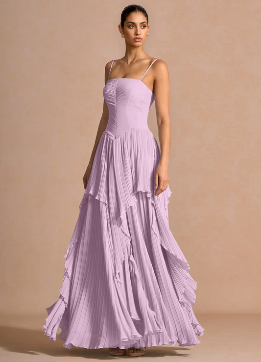Romantic Convertible Strapless Spaghetti Strap Pleated Bodice Ruffled Tiered Floor-Length Evening Dress