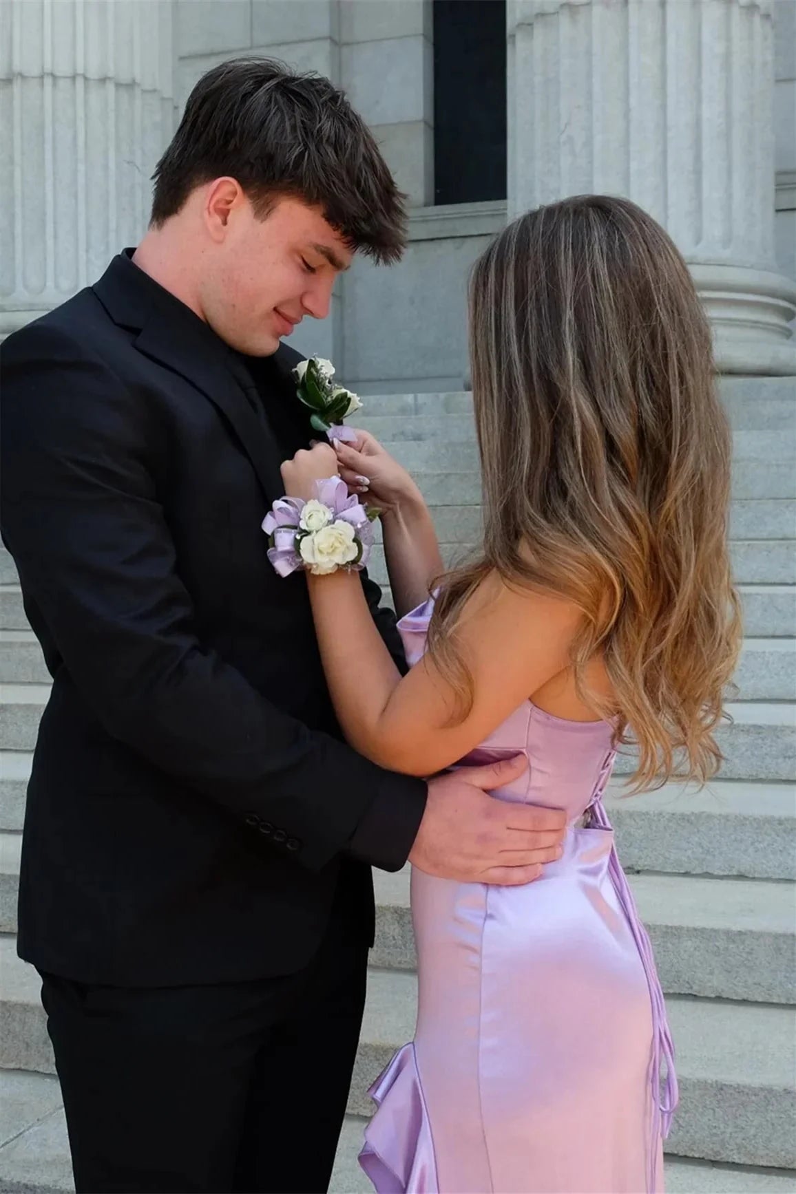 Romantic Cowl Neck Lilac Satin Mermaid Prom Dress with Ruffled High Thigh Slit & Lace-Up Back by JiMiss Dresses