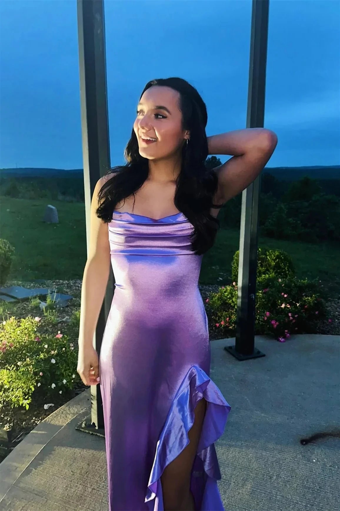 Romantic Cowl Neck Lilac Satin Mermaid Prom Dress with Ruffled High Thigh Slit & Lace-Up Back by JiMiss Dresses