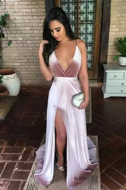 Romantic Dusty Rose Satin A-Line Dress with Plunge V-Neck & Criss-Cross Back