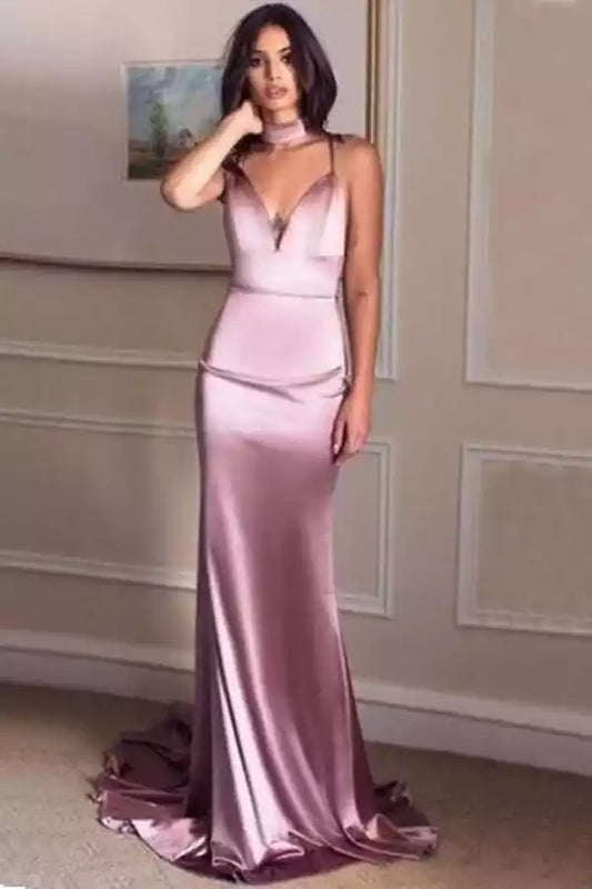 Romantic Dusty Rose Satin Mermaid Dress with Choker V-Neck & Criss-Cross Back