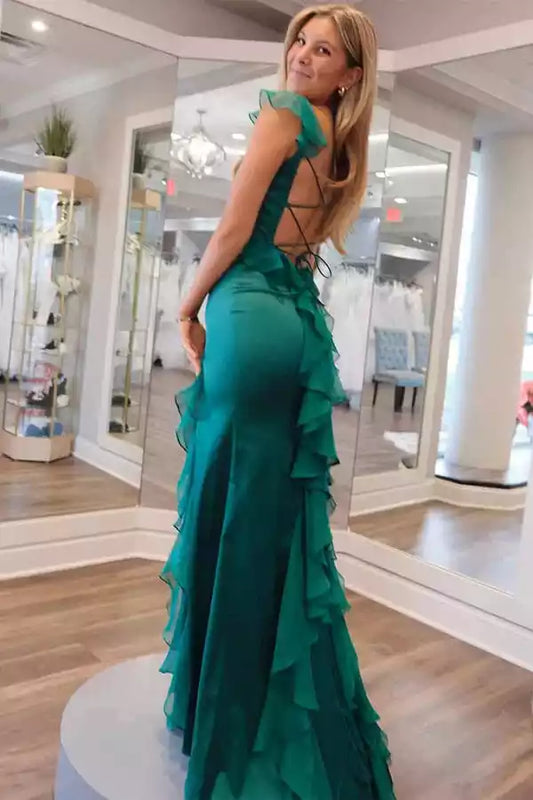 Romantic Emerald Green Satin Mermaid Dress with Ruffle Trim & Lace-Up Back