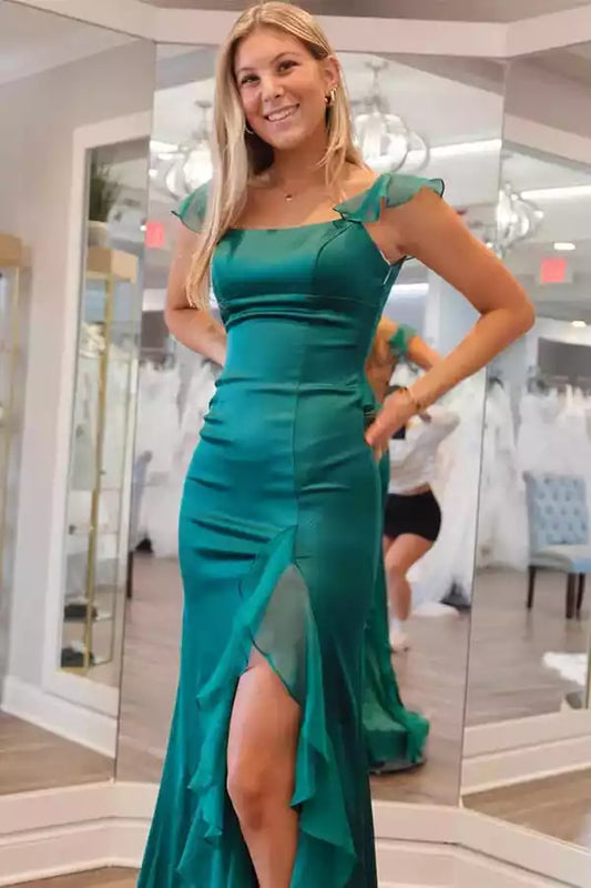 Romantic Emerald Green Satin Mermaid Dress with Ruffle Trim & Lace-Up Back