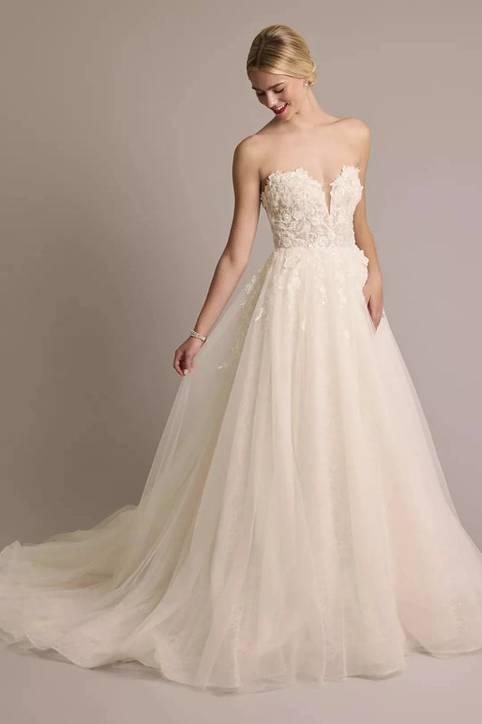 Romantic Fairytale A-Line Strapless Deep V-Neck 3D Lace Tulle Open-Back Sweeping Train Wedding Dress by YiHuiw