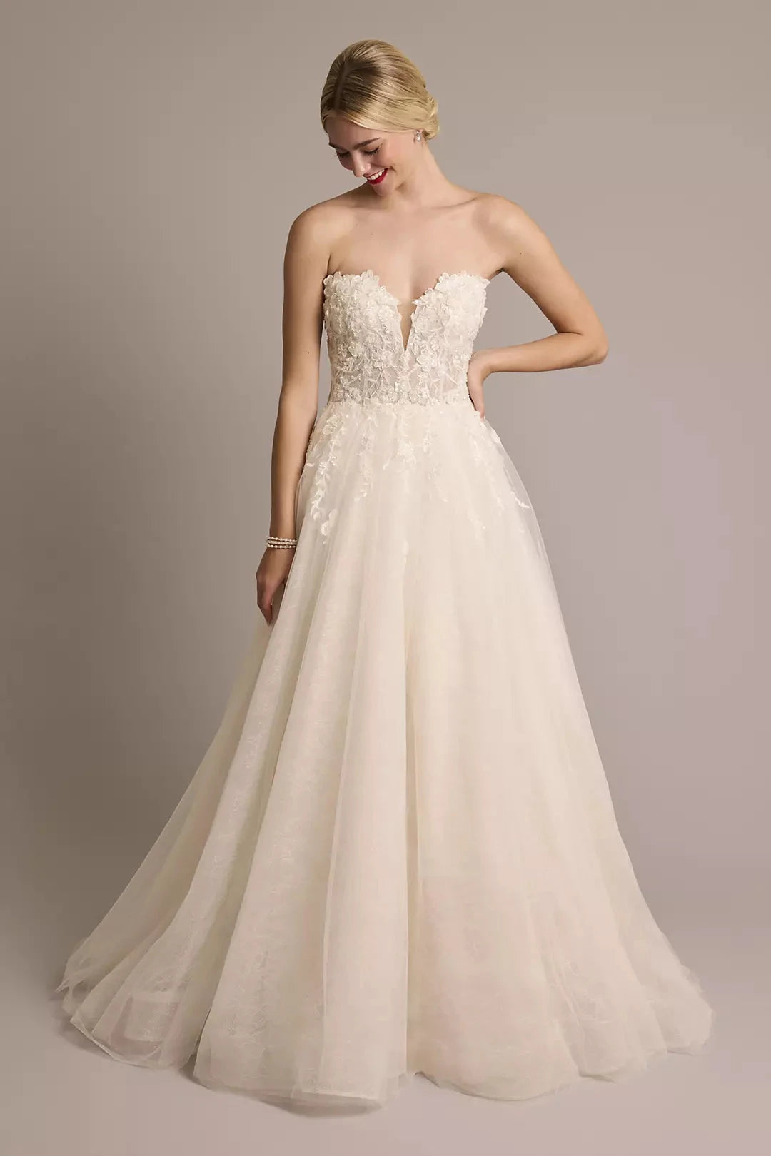 Romantic Fairytale A-Line Strapless Deep V-Neck 3D Lace Tulle Open-Back Sweeping Train Wedding Dress by YiHuiw