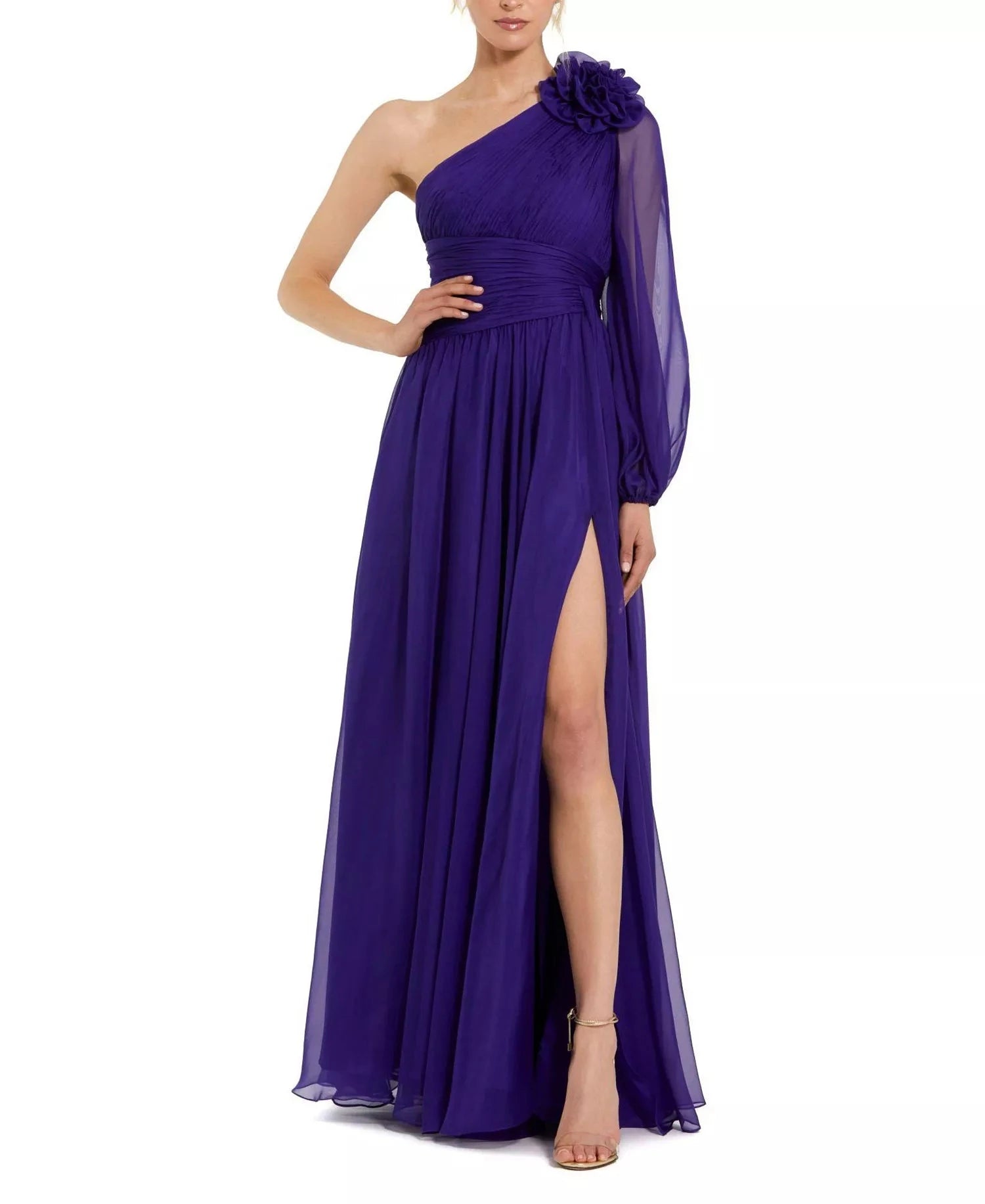 Romantic Flowy A-Line Silhouette One-Shoulder Chiffon Floral Applique Slit Maxi Evening Dress by LANQI DRESS