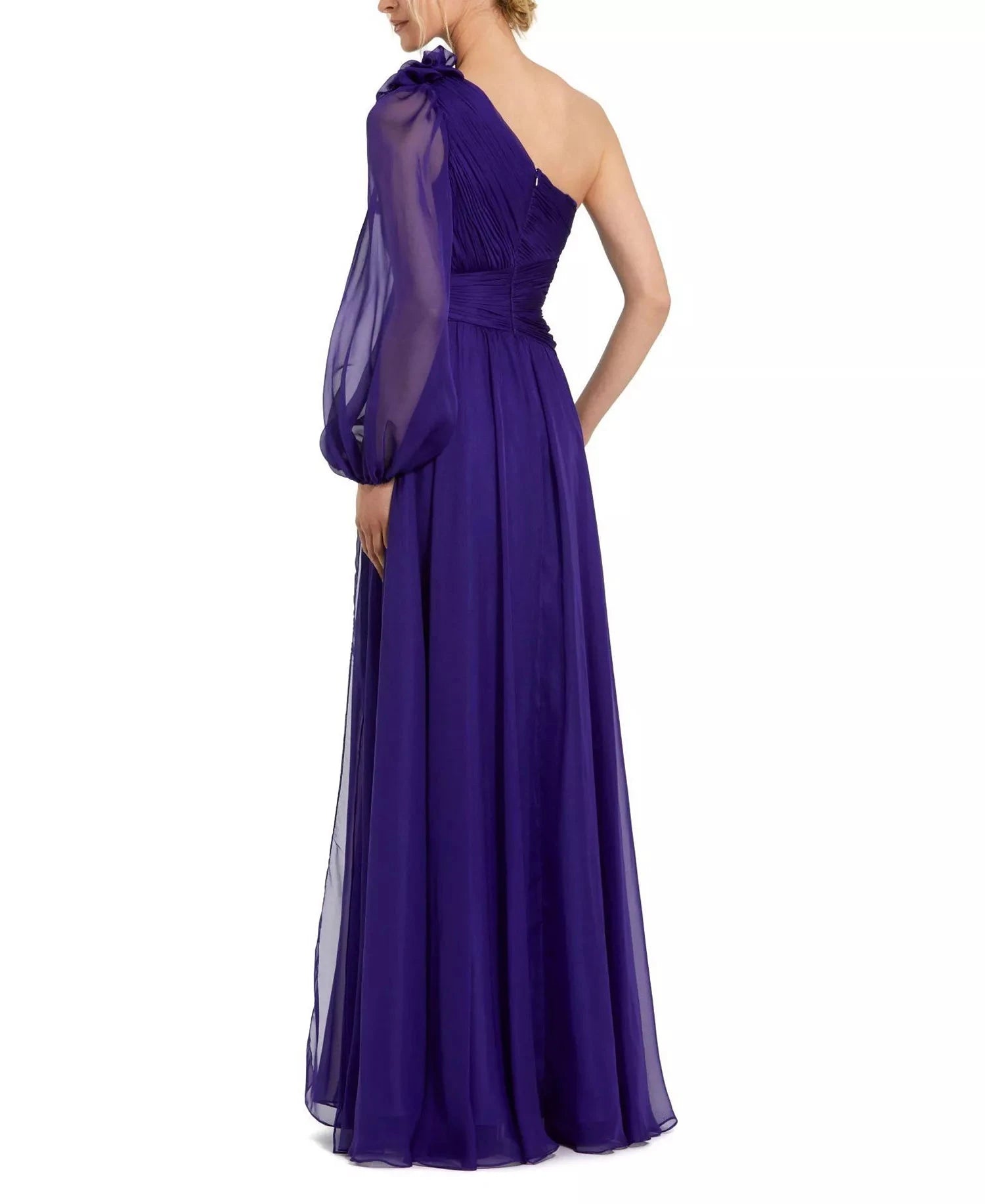 Romantic Flowy A-Line Silhouette One-Shoulder Chiffon Floral Applique Slit Maxi Evening Dress by LANQI DRESS