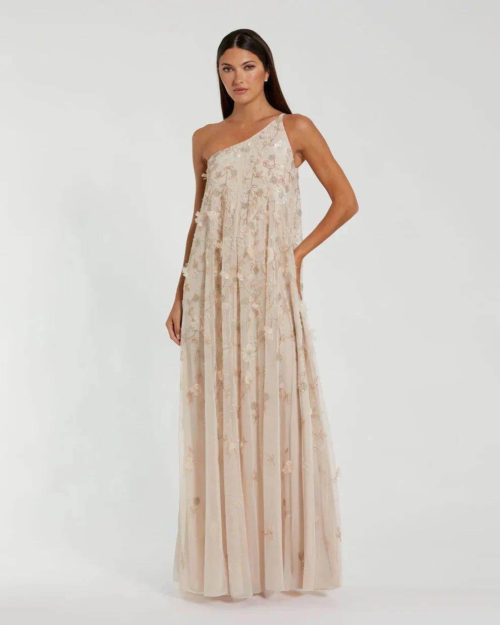 Romantic Flowy Trapeze Silhouette One-Shoulder 3D Floral Embellished Maxi Evening Dress by LANQI DRESS