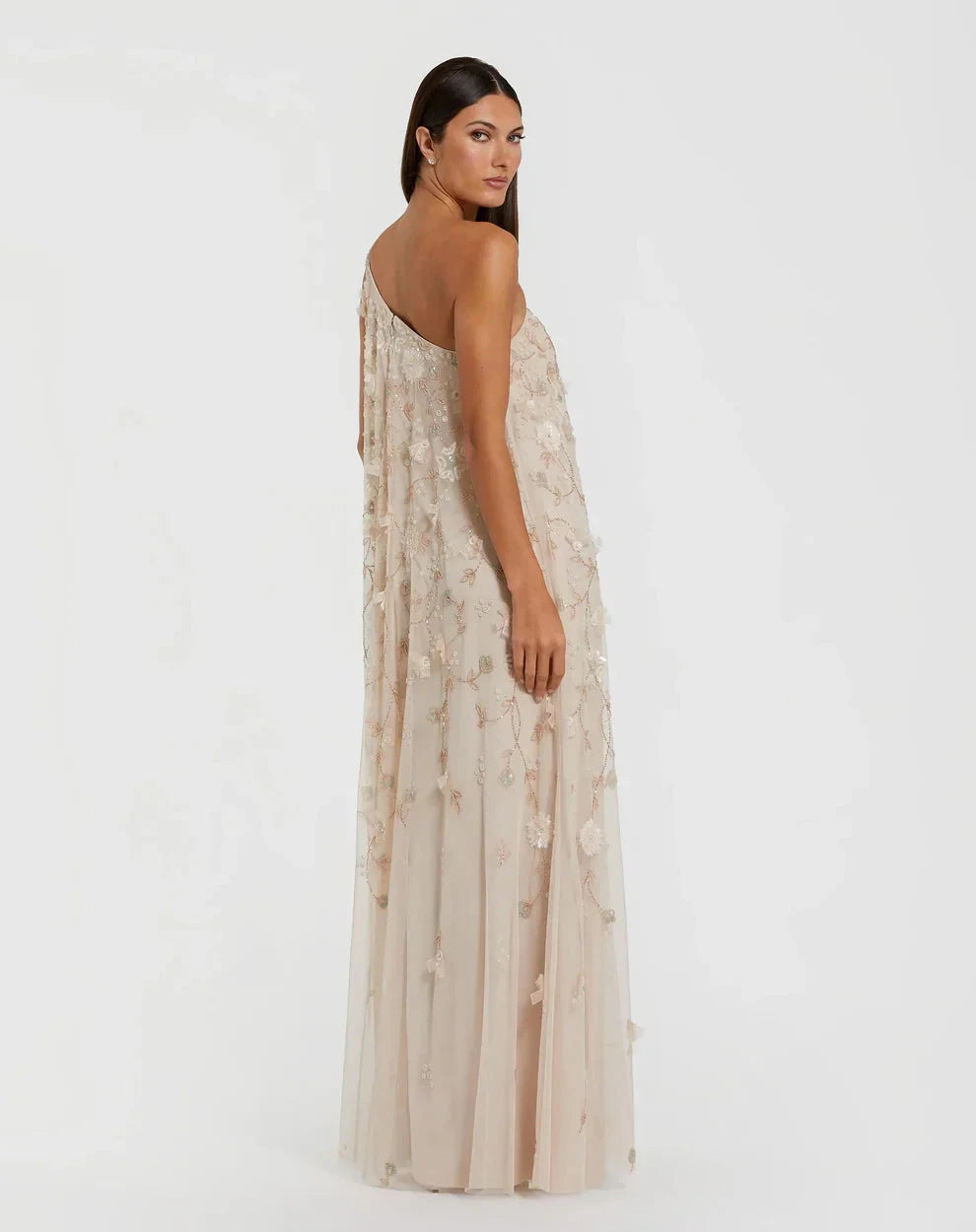 Romantic Flowy Trapeze Silhouette One-Shoulder 3D Floral Embellished Maxi Evening Dress by LANQI DRESS