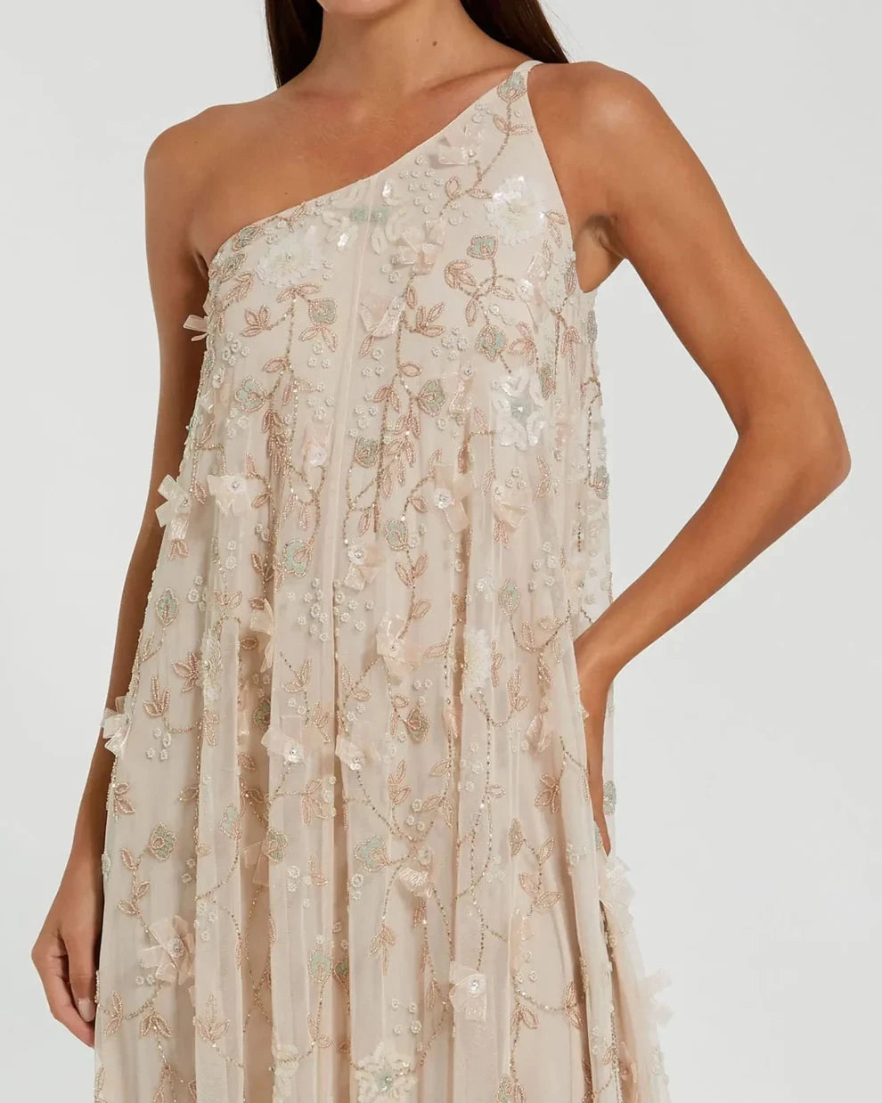 Romantic Flowy Trapeze Silhouette One-Shoulder 3D Floral Embellished Maxi Evening Dress by LANQI DRESS