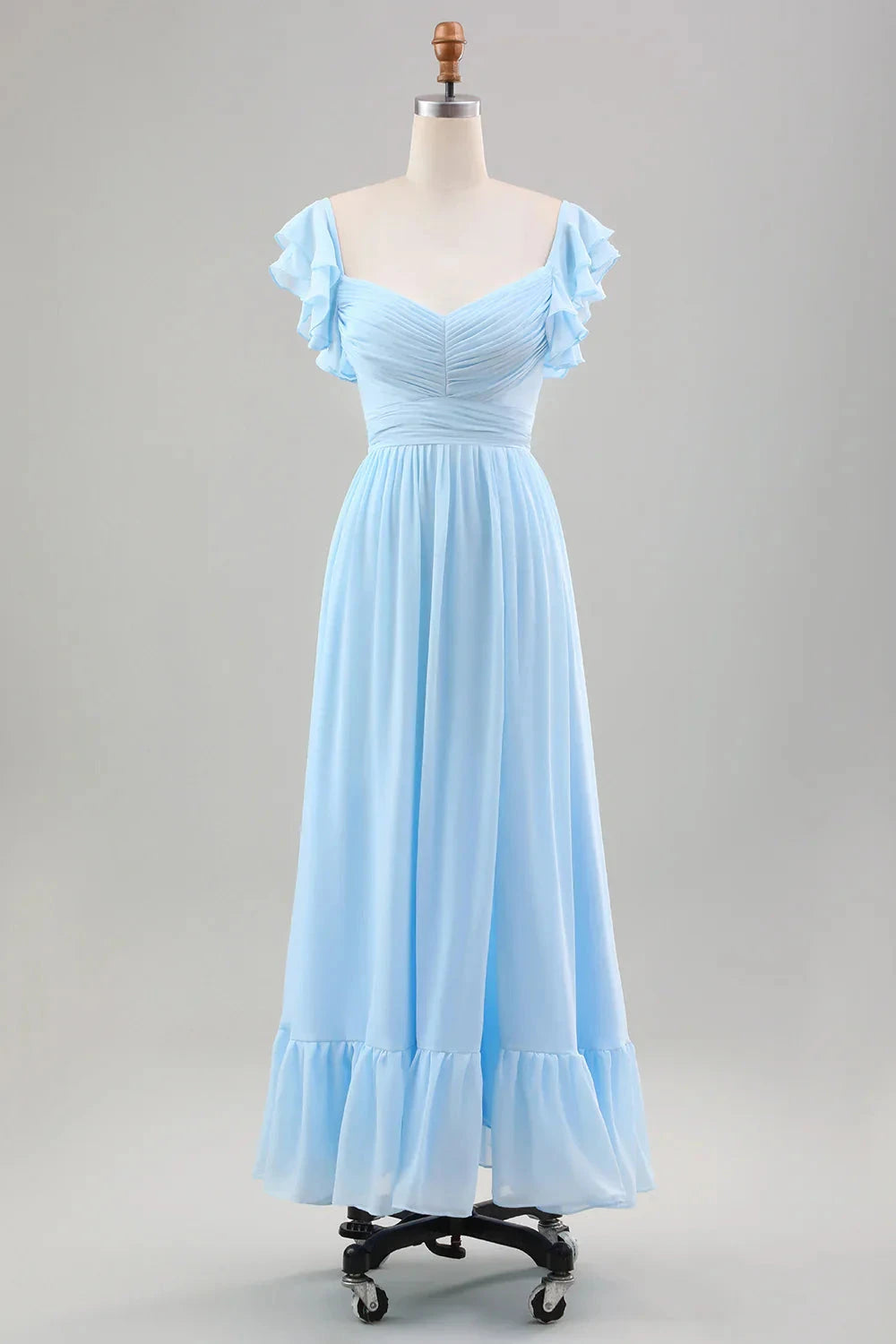 Romantic Fresh A-Line V Neck Ruffled Short Sleeve Ruched Waist Side Slit Ruffled Hem Ankle-Length Chiffon Evening Dress by LANQI DRESS