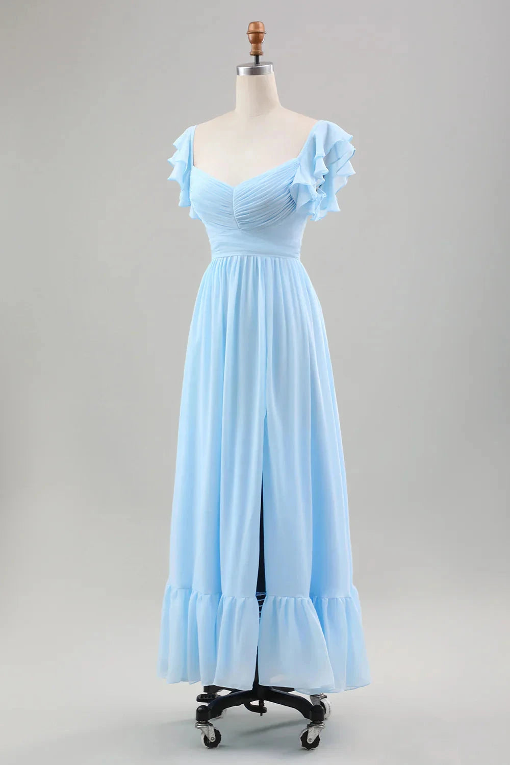 Romantic Fresh A-Line V Neck Ruffled Short Sleeve Ruched Waist Side Slit Ruffled Hem Ankle-Length Chiffon Evening Dress by LANQI DRESS