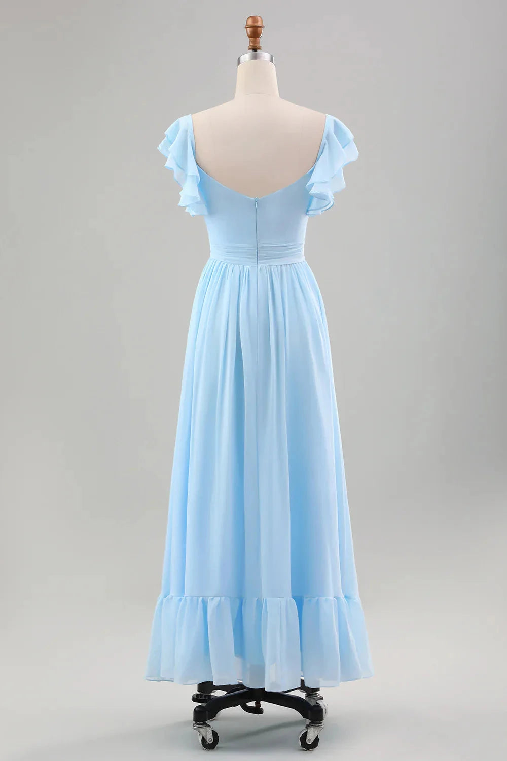 Romantic Fresh A-Line V Neck Ruffled Short Sleeve Ruched Waist Side Slit Ruffled Hem Ankle-Length Chiffon Evening Dress by LANQI DRESS