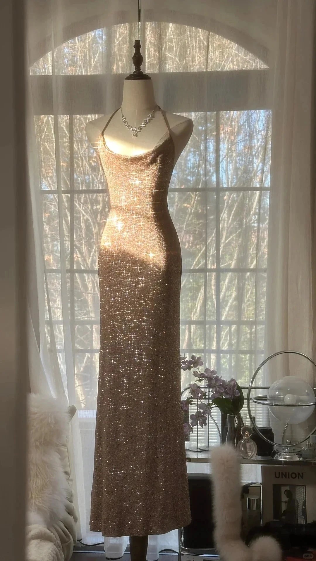 Romantic Gorgeous Shiny Exquisite Beaded Spaghetti Straps V Neck Long Sequined Chiffonsimple gentle atmospheric and unique desi Bring summer colors to enhance whiteness by YiHuiw