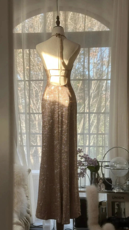Romantic Gorgeous Shiny Exquisite Beaded Spaghetti Straps V Neck Long Sequined Chiffonsimple gentle atmospheric and unique desi Bring summer colors to enhance whiteness by YiHuiw