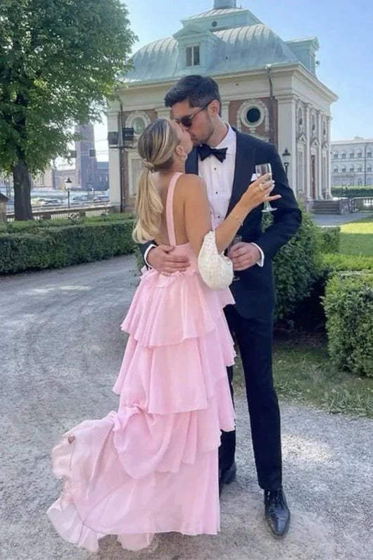 Romantic Halter Neck Tiered Ruffle Prom Dress with Low Open Back & Chiffon Maxi Skirt by JiMiss Dresses