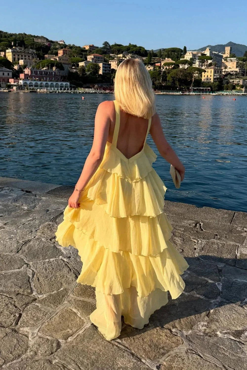 Romantic Halter Neck Tiered Ruffle Prom Dress with Low Open Back & Chiffon Maxi Skirt by JiMiss Dresses
