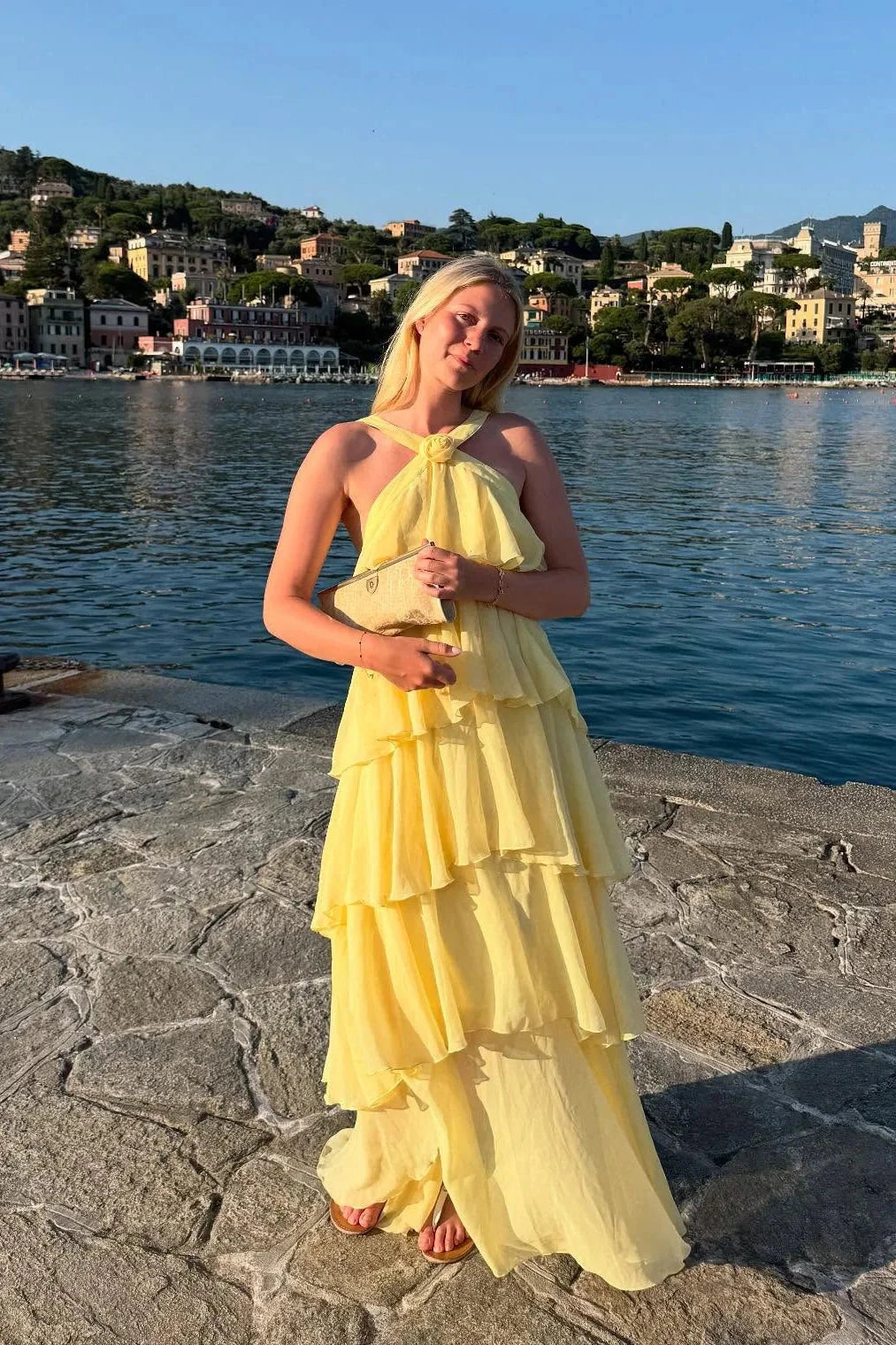 Romantic Halter Neck Tiered Ruffle Prom Dress with Low Open Back & Chiffon Maxi Skirt by JiMiss Dresses