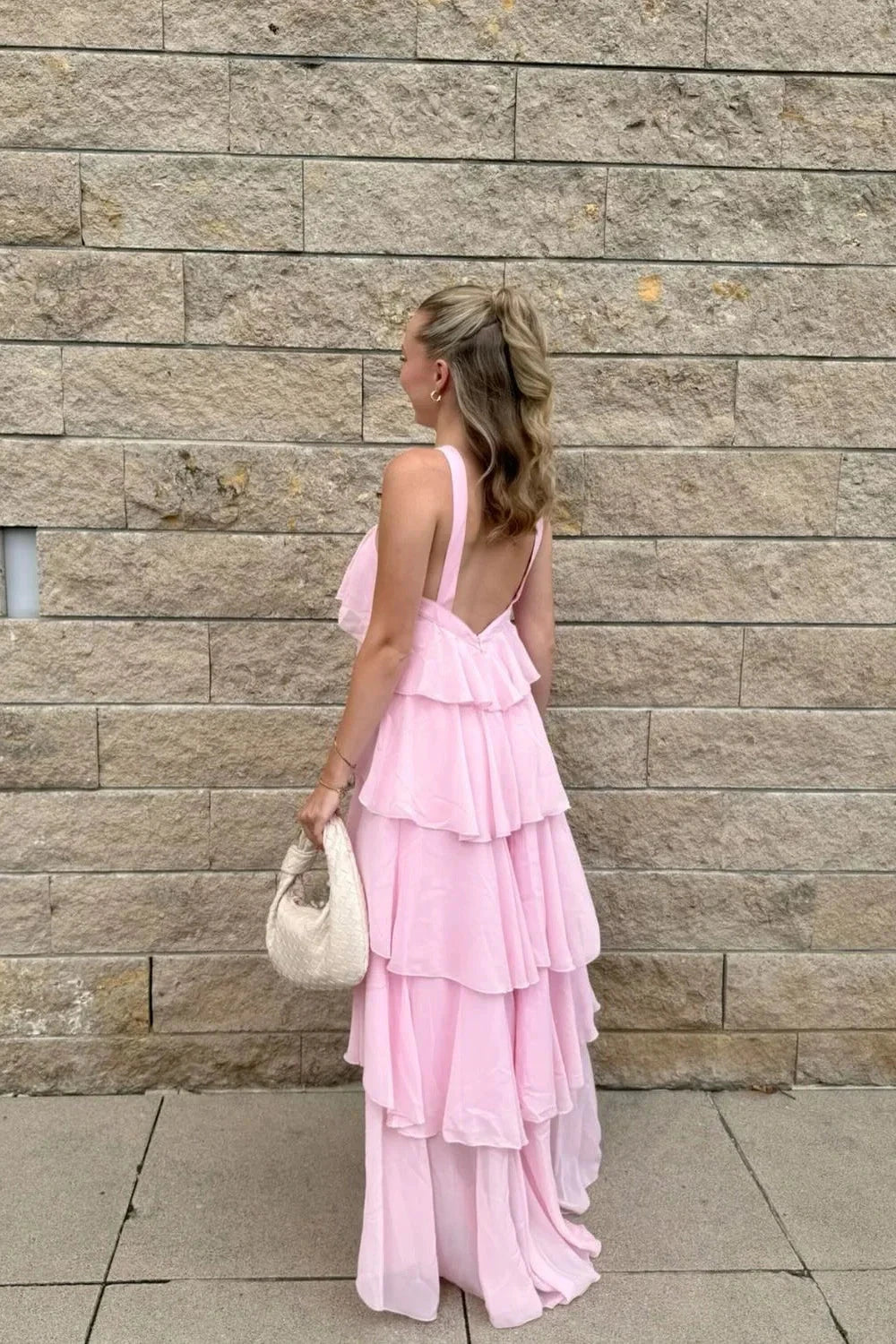 Romantic Halter Neck Tiered Ruffle Prom Dress with Low Open Back & Chiffon Maxi Skirt by JiMiss Dresses