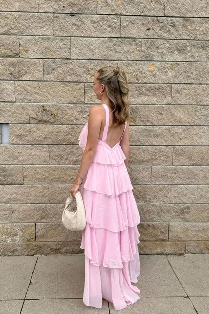 Romantic Halter Neck Tiered Ruffle Prom Dress with Low Open Back & Chiffon Maxi Skirt by JiMiss Dresses