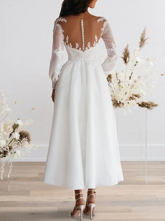 Romantic Ivory Lace V-Neck Long Sleeve Illusion Back A-Line Tea-Length Wedding Dress