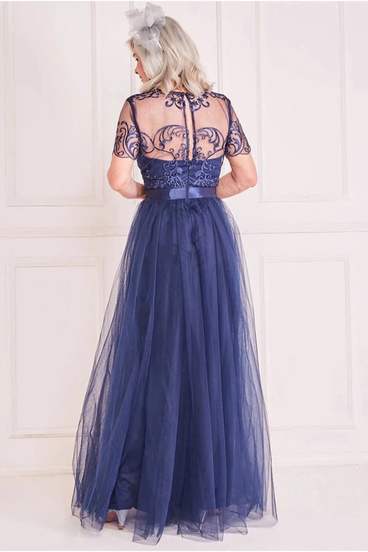 Romantic Lace Illusion Neckline Short Sleeve Tulle A-Line Floor-Length Mother of the Bride Dress by YiHuiw