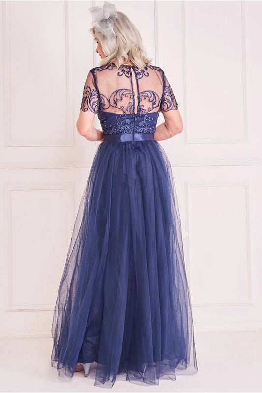 Romantic Lace Illusion Neckline Short Sleeve Tulle A-Line Floor-Length Mother of the Bride Dress