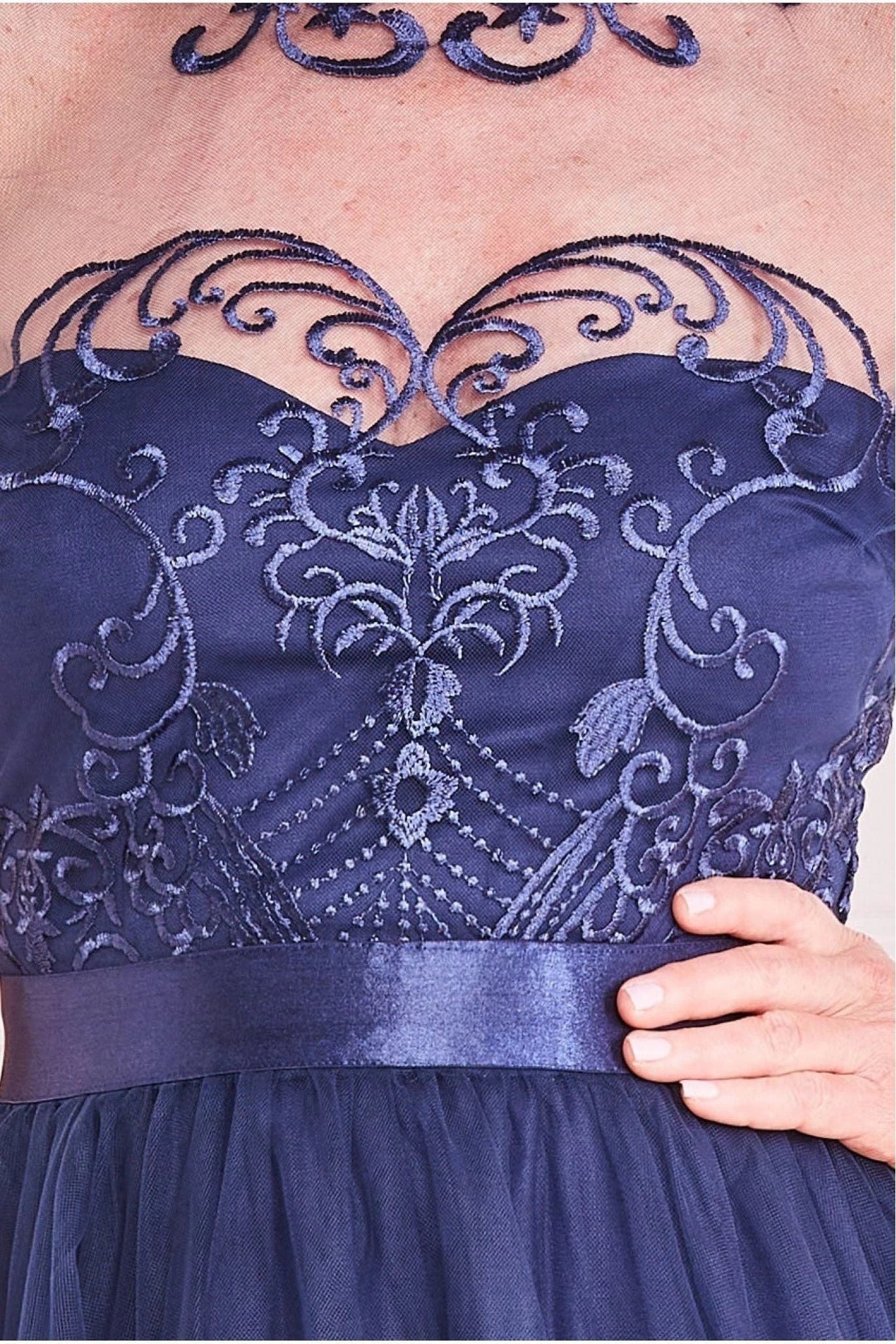 Romantic Lace Illusion Neckline Short Sleeve Tulle A-Line Floor-Length Mother of the Bride Dress by YiHuiw
