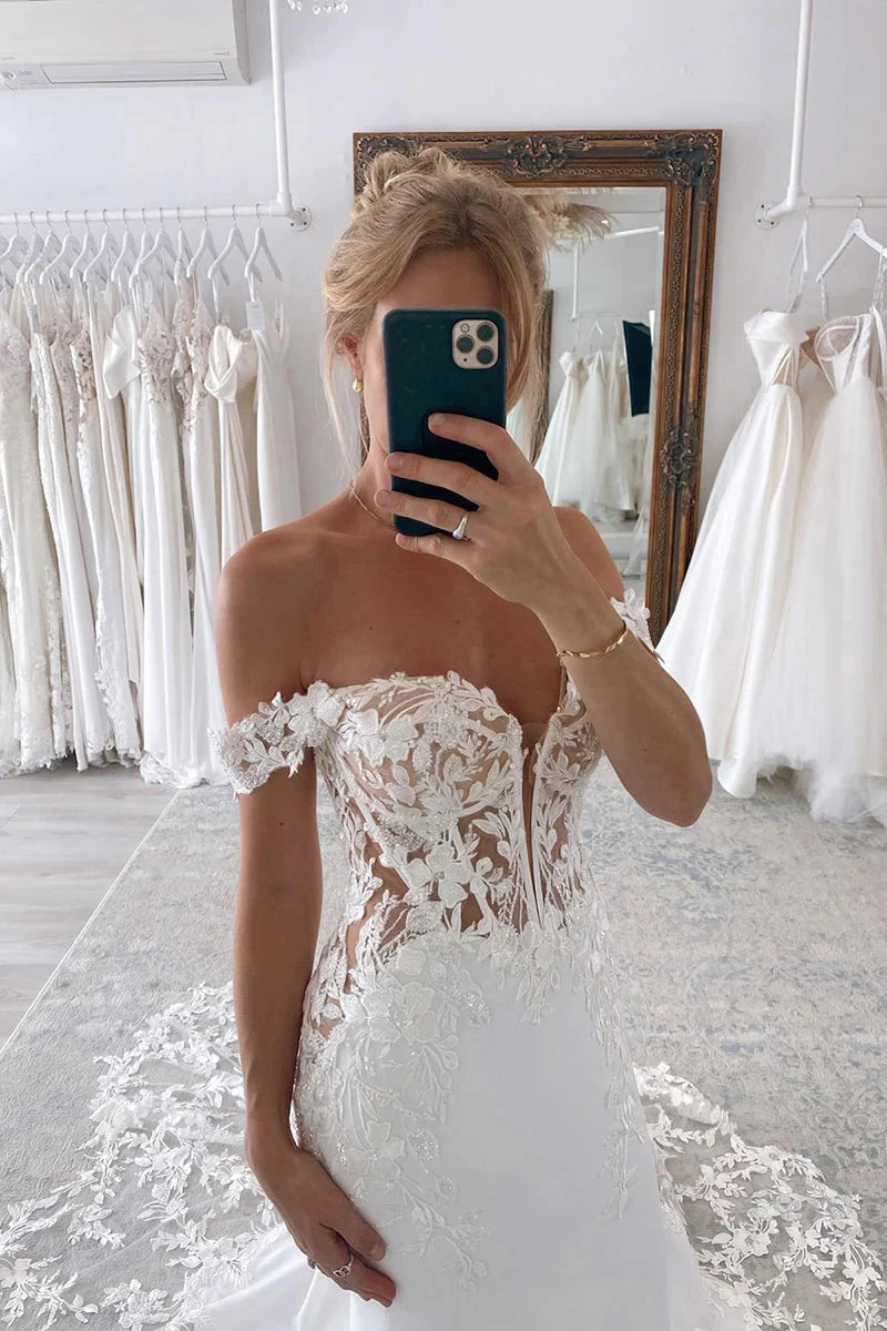Romantic Lace Mermaid Off-the-Shoulder Sheer-Bodice Cathedral-Train Wedding Dress by YiHuiw