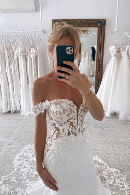 Romantic Lace Mermaid Off-the-Shoulder Sheer-Bodice Cathedral-Train Wedding Dress by YiHuiw