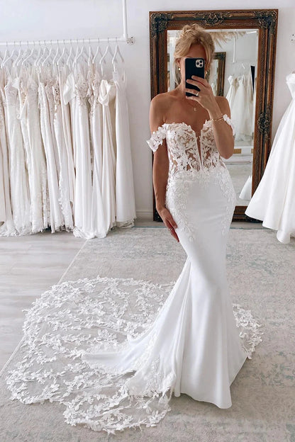 Romantic Lace Mermaid Off-the-Shoulder Sheer-Bodice Cathedral-Train Wedding Dress by YiHuiw