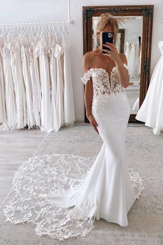 Romantic Lace Mermaid Off-the-Shoulder Sheer-Bodice Cathedral-Train Wedding Dress by YiHuiw