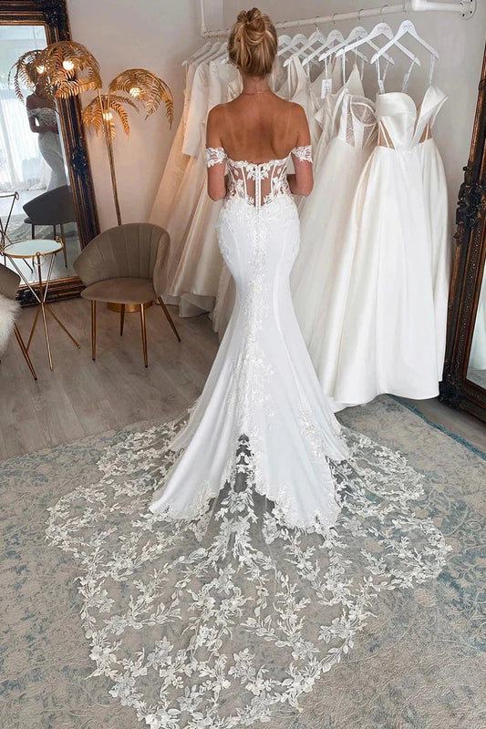Romantic Lace Mermaid Off-the-Shoulder Sheer-Bodice Cathedral-Train Wedding Dress by YiHuiw
