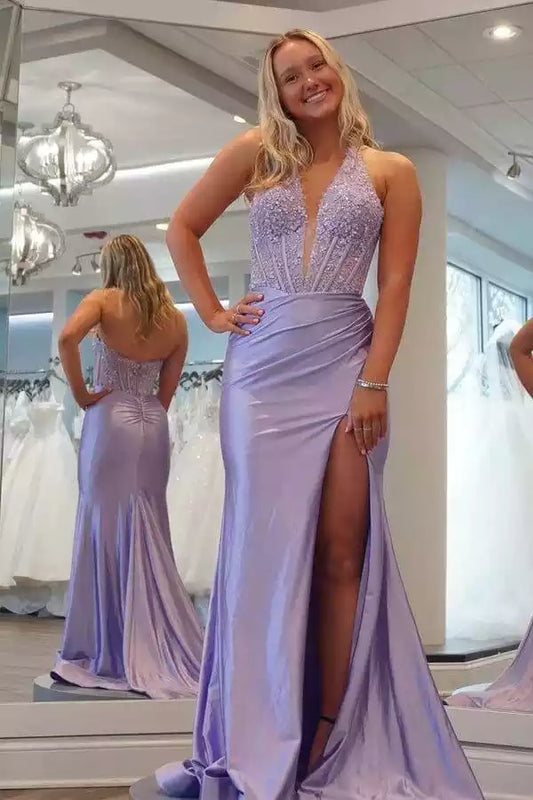 Romantic Lavender Satin Mermaid Dress with Halter Lace Bodice & High Slit