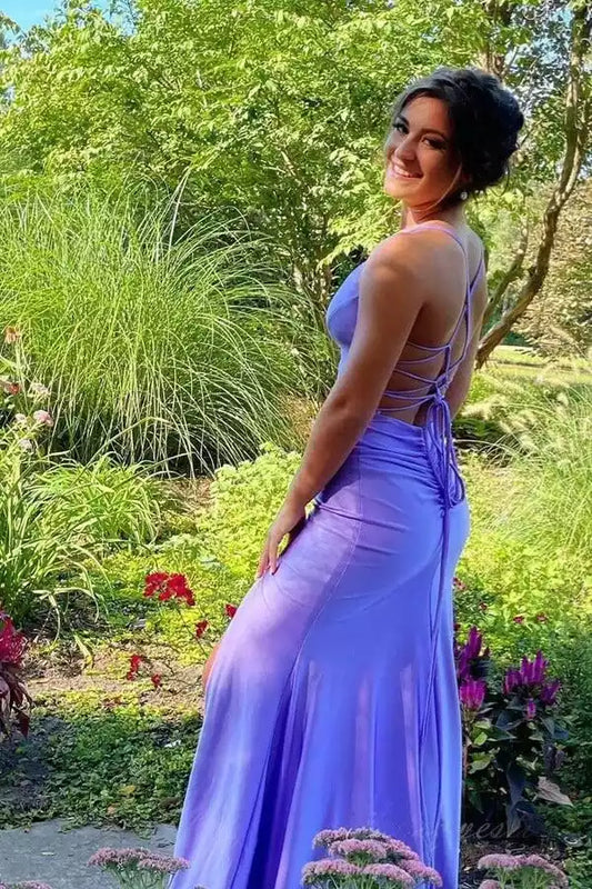 Romantic Lavender Satin Mermaid Dress with Plunge V-Neck & Lace-Up Back