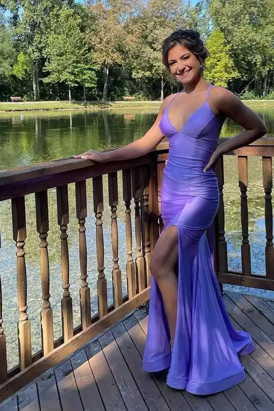 Romantic Lavender Satin Mermaid Dress with Plunge V-Neck & Lace-Up Back