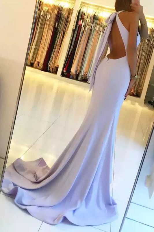 Romantic Lilac Satin Mermaid Dress with Halter Keyhole Neck & Bow Back