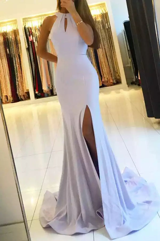 Romantic Lilac Satin Mermaid Dress with Halter Keyhole Neck & Bow Back