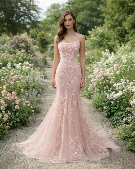 Romantic Mermaid Evening Dress with Floral Embroidery and Lace-Up Back