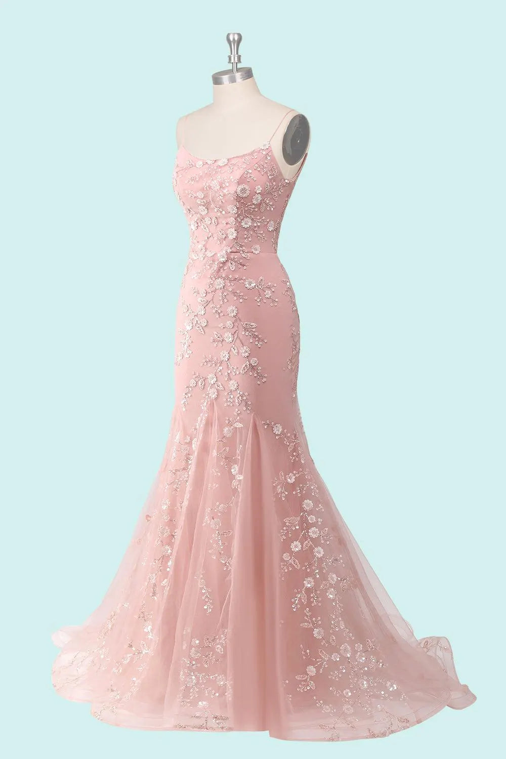 Vestido de noche romántico de sirena con bordado floral y espalda con cordones