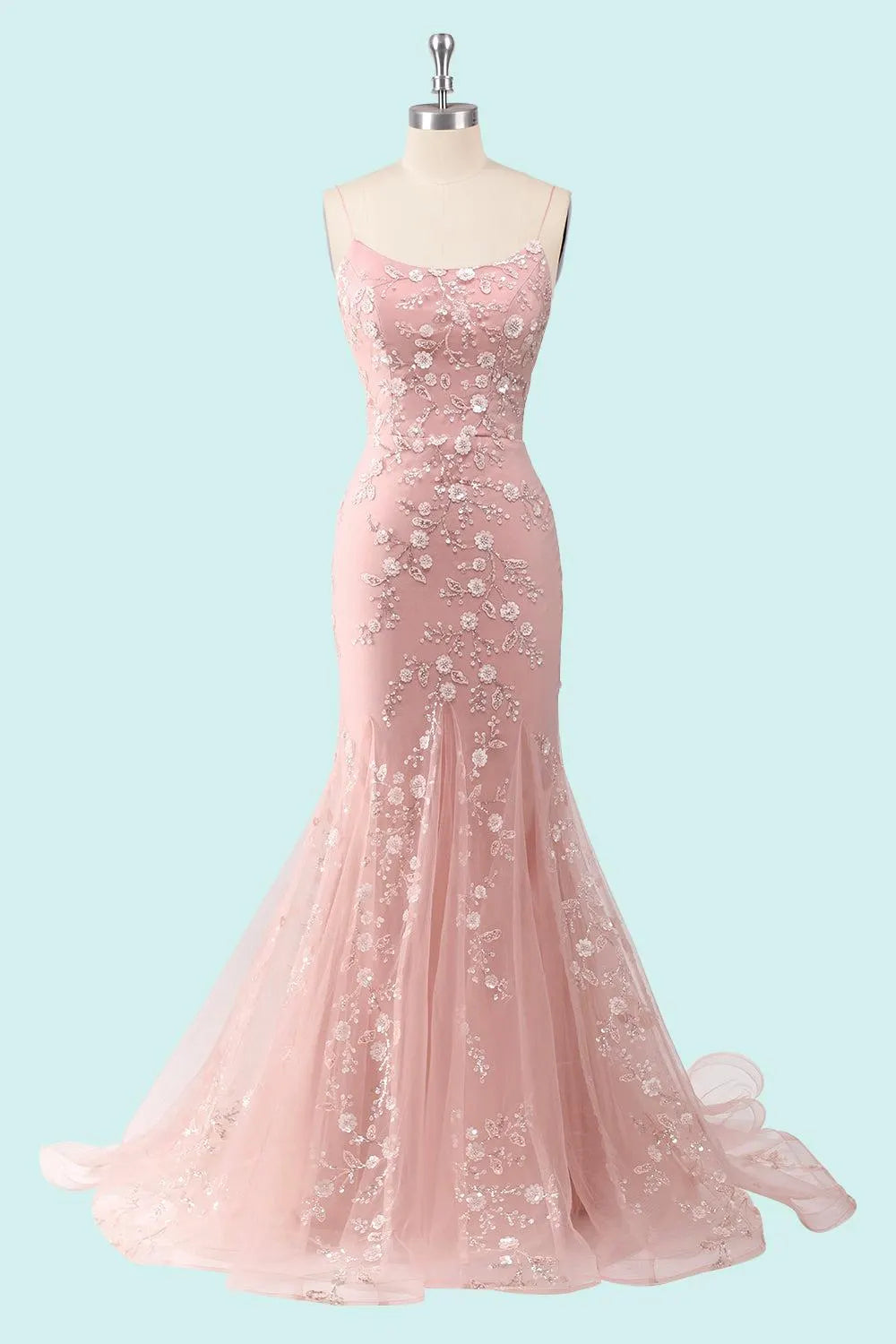 Vestido de noche romántico de sirena con bordado floral y espalda con cordones
