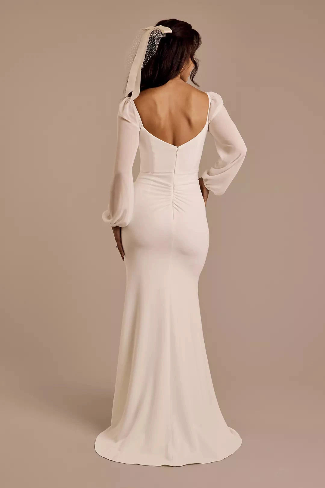 Romantic Modern Mermaid Square-Neck Sheer Puff-Sleeve Satin Ruched Bodice Low-Back Train Wedding Dress by YiHuiw