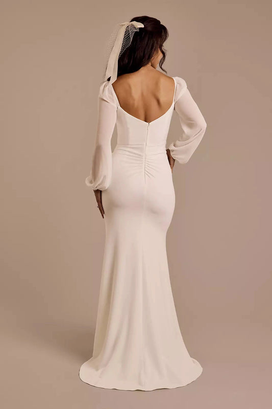 Romantic Modern Mermaid Square-Neck Sheer Puff-Sleeve Satin Ruched Bodice Low-Back Train Wedding Dress by YiHuiw