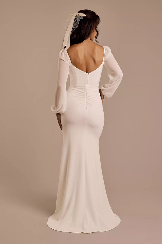 Romantic Modern Mermaid Square-Neck Sheer Puff-Sleeve Satin Ruched Bodice Low-Back Train Wedding Dress
