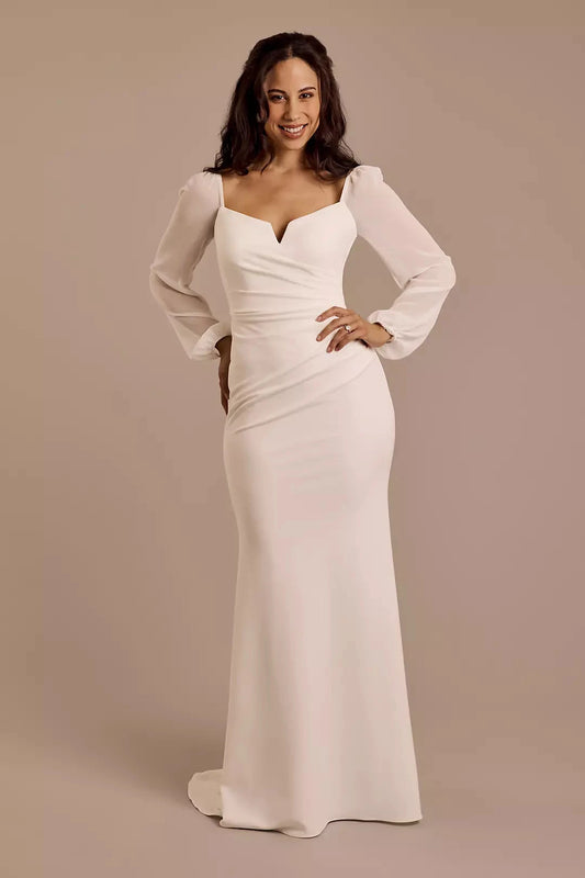 Romantic Modern Mermaid Square-Neck Sheer Puff-Sleeve Satin Ruched Bodice Low-Back Train Wedding Dress by YiHuiw