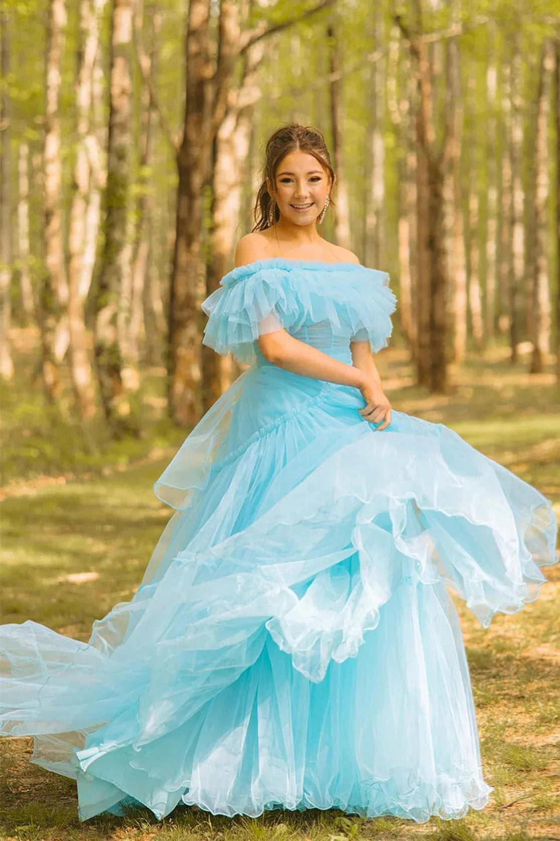 Romantic Off-Shoulder Ruffled Tulle Ball Gown Prom Dress by JiMiss Dresses