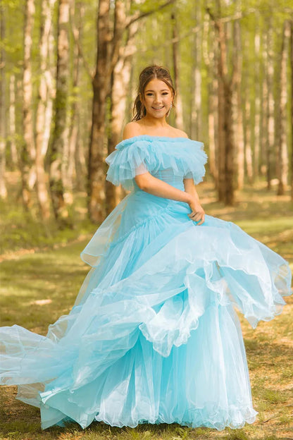 Romantic Off-Shoulder Ruffled Tulle Ball Gown Prom Dress by JiMiss Dresses
