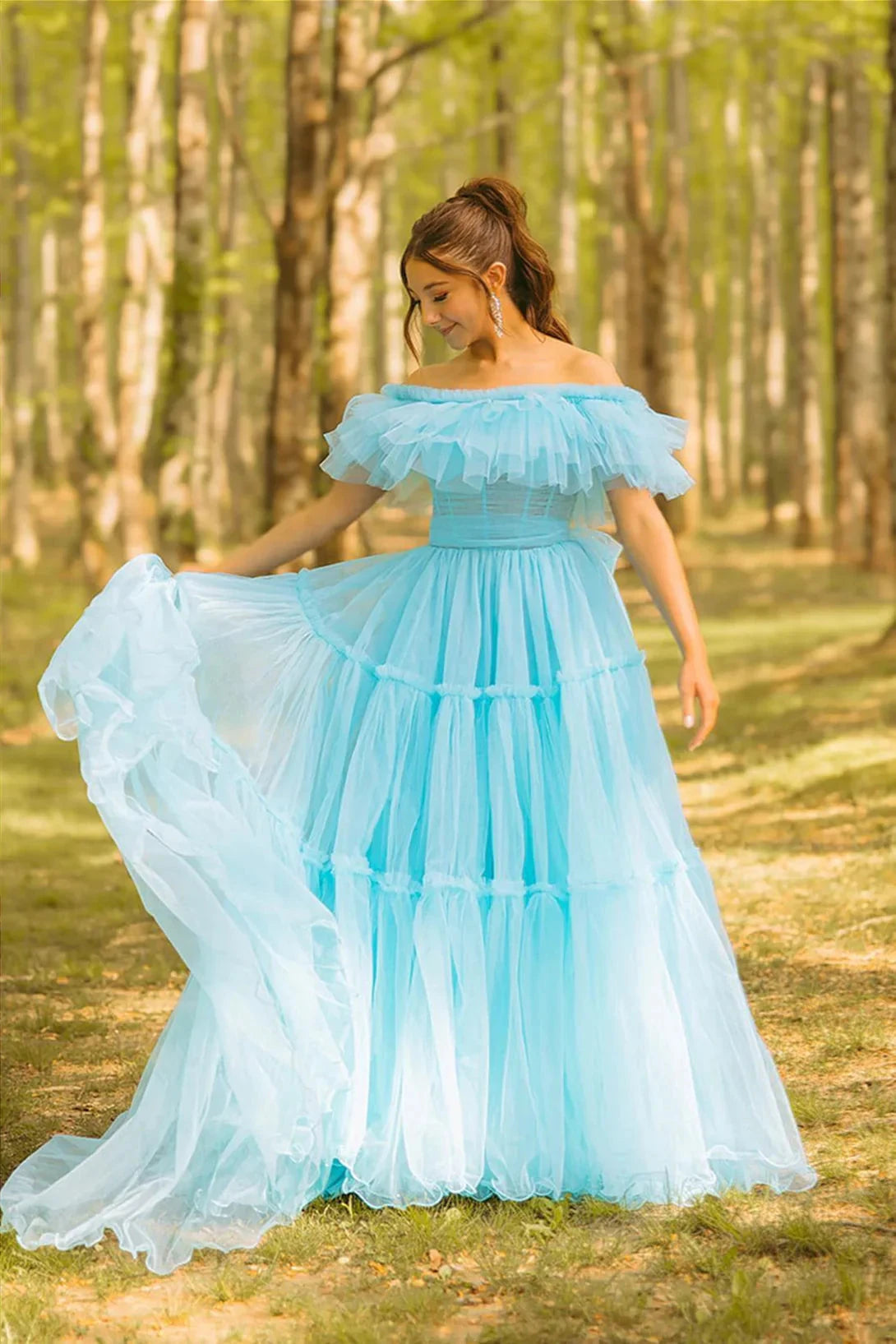 Romantic Off-Shoulder Ruffled Tulle Ball Gown Prom Dress by JiMiss Dresses