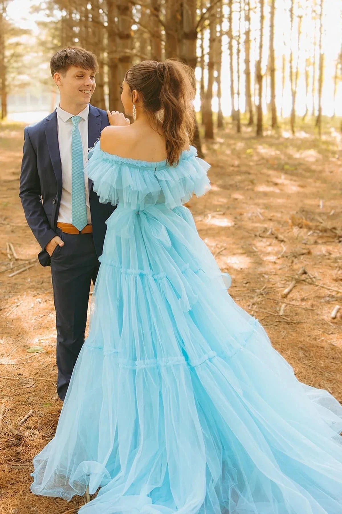 Romantic Off-Shoulder Ruffled Tulle Ball Gown Prom Dress by JiMiss Dresses